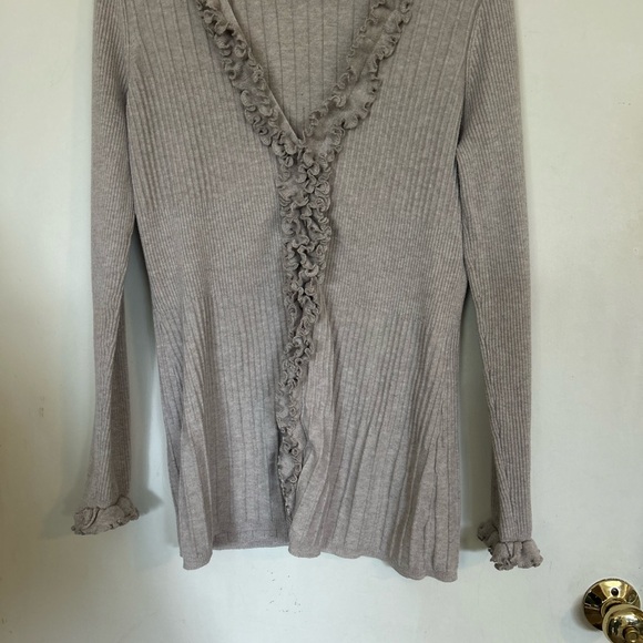 One A Sweaters - One A Large Oatmeal Lettuce Ruffled Ribbed Button Down Cardigan